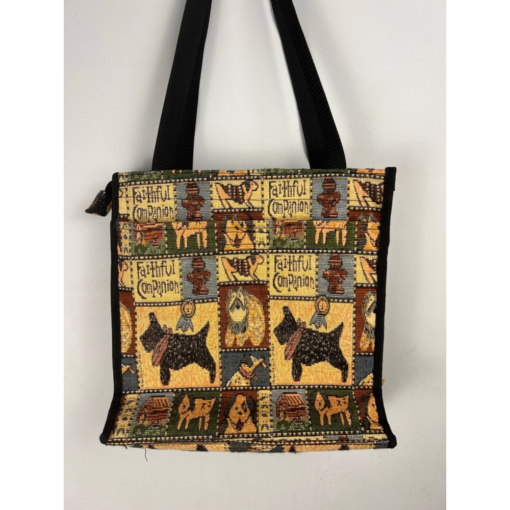 Yuhong Tapestry Tote Bag w/ Coin Purse Tan/Black Dog Print. Faithful Companion - Picture 5 of 7